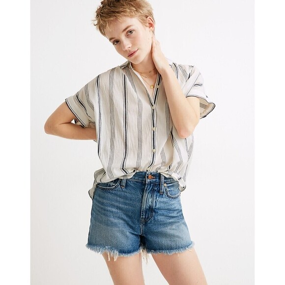 MADEWELL Central Shirt In Parkman Stripe White Blue Gauzy Button Up Top Size XXS - Picture 1 of 8